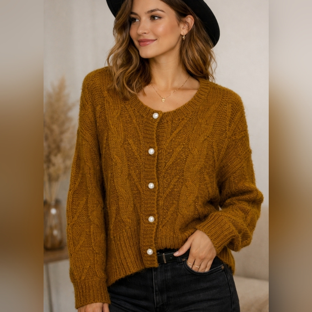 WOMANCE DARK MUSTARD CHUNKY CARDIGAN SIZE SMALL OVERSIZED